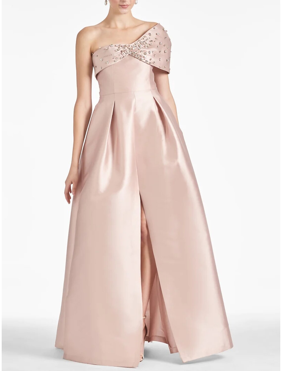 A-Line Evening Gown High Split Dress Formal Floor Length Sleeveless One Shoulder Satin with Crystals Slit